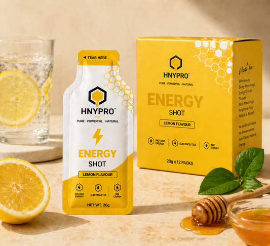 HNYPRO™ Energy Shot – Lemon Flavour | Instant Energy with Electrolytes – 20g Pouch (Pack of 6)