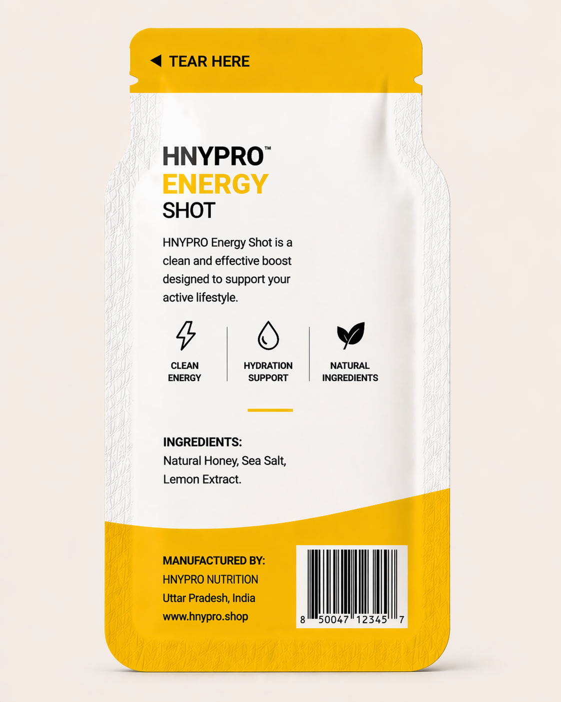 HNYPRO™ Energy Shot – Lemon Flavour | Instant Energy with Electrolytes – 20g Pouch (Pack of 6)