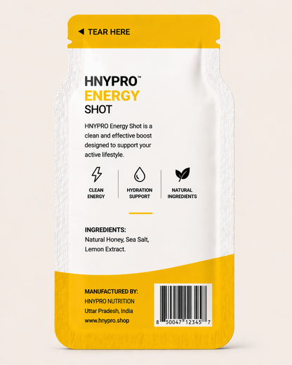 HNYPRO™ Energy Shot – Lemon Flavour | Instant Energy with Electrolytes – 20g Pouch (Pack of 6)