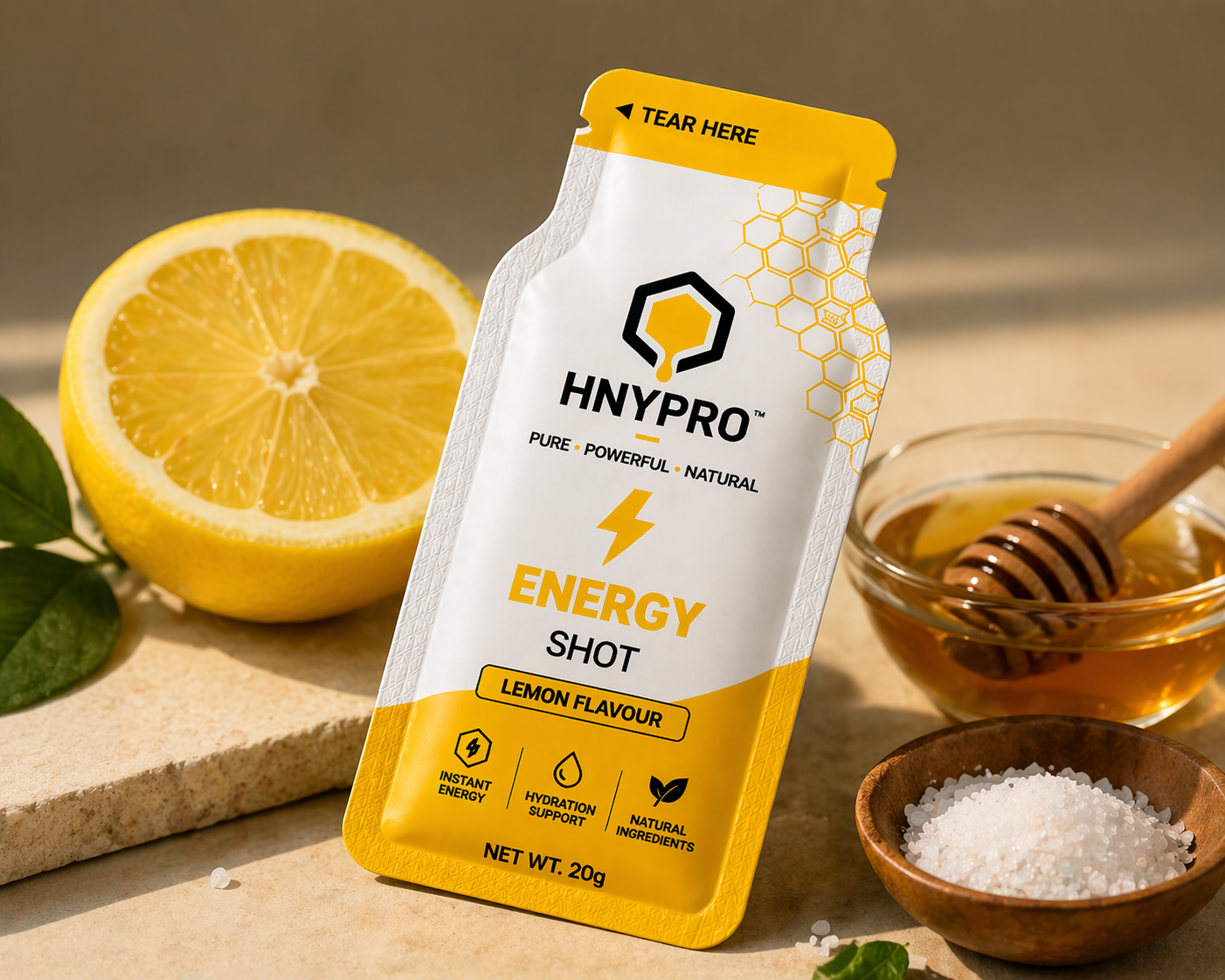 HNYPRO™ Energy Shot – Lemon Flavour | Instant Energy with Electrolytes – 20g Pouch (Pack of 6)