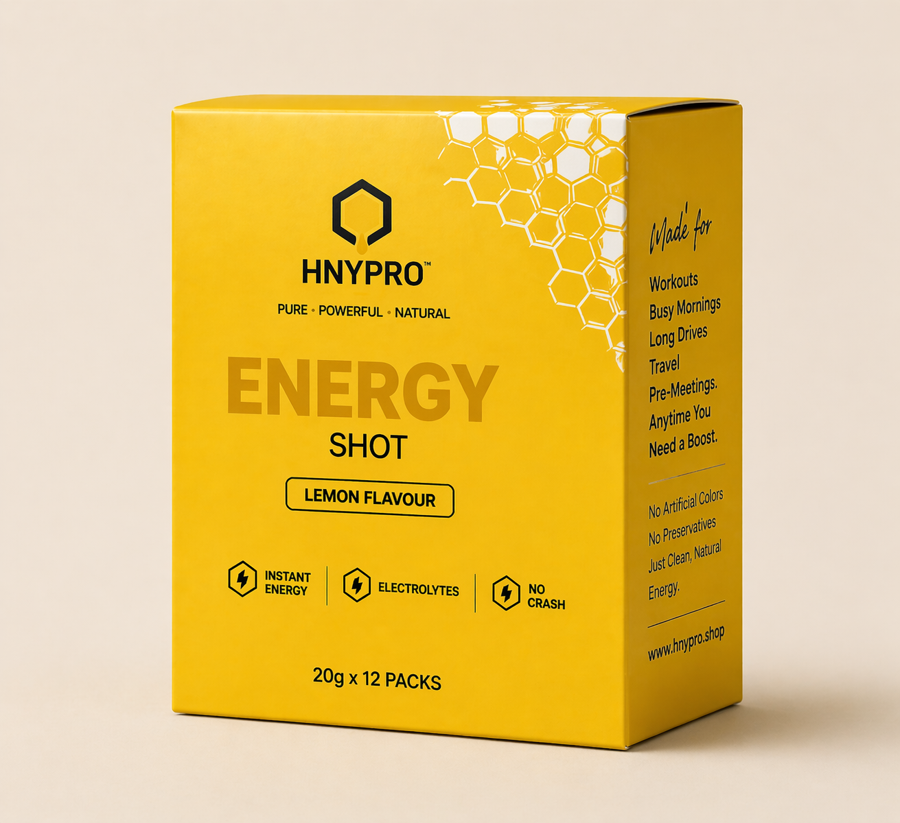 HNYPRO™ Energy Shot – Lemon Flavour | Instant Energy with Electrolytes – 20g Pouch (Pack of 6)